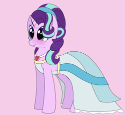 Size: 1302x1193 | Tagged: safe, artist:noosa, derpibooru import, starlight glimmer, pony, unicorn, alternate hairstyle, blushing, clothes, cute, dress, female, glimmerbetes, headband, horn, jewelry, mare, necklace, pink background, simple background, smiling, solo