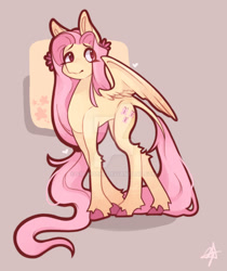 Size: 1024x1220 | Tagged: safe, artist:sir-mochi, derpibooru import, fluttershy, pegasus, pony, deviantart watermark, eye clipping through hair, female, flower, flower in hair, freckles, freckleshy, hock fluff, long mane, mare, obtrusive watermark, solo, unshorn fetlocks, watermark