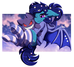 Size: 2900x2650 | Tagged: safe, artist:pridark, derpibooru import, oc, oc only, oc:eclipsia, bat pony, pony, clothes, gengar, plushie, pokémon, socks, solo, striped socks