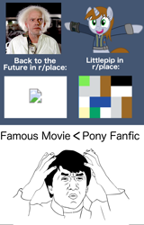 Size: 1738x2710 | Tagged: safe, derpibooru import, oc, oc:littlepip, fallout equestria, april fools, back to the future, christopher lloyd, confused, doc brown, emmett brown, jackie chan, meme, missing image, pixel art, r/place, reddit