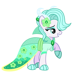 Size: 1000x1000 | Tagged: safe, artist:thenightowl69, derpibooru import, oc, oc only, oc:emerald turquoise, dracony, hybrid, base used, clothes, dress, eyeshadow, female, flower, full body, grin, hair over one eye, interspecies offspring, lidded eyes, makeup, offspring, parent:rarity, parent:spike, parents:sparity, raised hoof, raised leg, simple background, smiling, solo, standing, white background