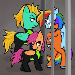 Size: 2000x2000 | Tagged: safe, artist:carconutty, derpibooru import, lightning dust, rainbow dash, scootaloo, pegasus, pony, alternate universe, angry, clothes, prison outfit, prisoner, prisoner rd, smiling, smirk, uniform, washouts uniform