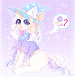 Size: 2000x2040 | Tagged: safe, artist:saltyvity, derpibooru import, withers, oc, pony, unicorn, blue eyes, blushing, bow, candy, clothes, commission, cute, food, gold horn, hat, henchmen, licking, licking lips, lollipop, purple background, simple background, solo, sparkles, tongue, tongue out, white body, white hair, witch hat