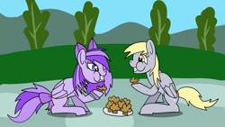 Size: 1920x1080 | Tagged: safe, artist:platinumdrop, derpibooru import, derpy hooves, oc, oc:picnic starlight, pegasus, eating, female, food, mare, muffin, puffy cheeks, request