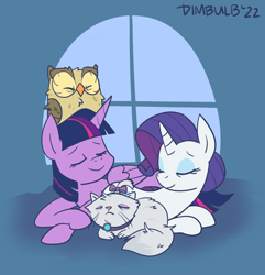 Size: 1488x1542 | Tagged: safe, artist:dimbulb, derpibooru import, opalescence, owlowiscious, rarity, twilight sparkle, twilight sparkle (alicorn), alicorn, pony, unicorn, female, lesbian, older, rarilight, shipping