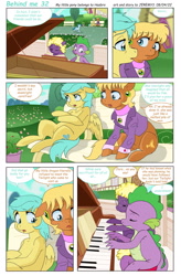 Size: 1535x2338 | Tagged: safe, artist:jeremy3, derpibooru import, ms. harshwhinny, spike, sunshower raindrops, oc, oc:valentine, dragon, earth pony, pegasus, pony, comic:behind me, alternate universe, bench, clothes, comic, house, musical instrument, piano, ponyville