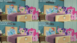 Size: 1280x720 | Tagged: safe, derpibooru import, edit, edited screencap, editor:quoterific, screencap, fluttershy, pinkie pie, rainbow dash, twilight sparkle, unicorn twilight, earth pony, pegasus, pony, unicorn, read it and weep, season 2, eyes closed, female, mare, open mouth, ponyville hospital, spread wings, text, wings