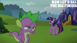 Size: 1280x720 | Tagged: safe, derpibooru import, edit, edited screencap, editor:quoterific, screencap, spike, twilight sparkle, twilight sparkle (alicorn), alicorn, dragon, pony, father knows beast, season 8, spoiler:s08, duo, female, male, mare, open mouth, smiling, text, twilight's castle, winged spike, wings