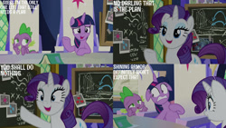 Size: 1280x720 | Tagged: safe, derpibooru import, edit, edited screencap, editor:quoterific, screencap, rarity, spike, twilight sparkle, twilight sparkle (alicorn), alicorn, dragon, pony, unicorn, season 9, sparkle's seven, spoiler:s09, chalkboard, cutie map, female, implied shining armor, male, mare, text, trio, twilight's castle, winged spike, wings