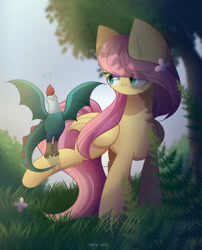 Size: 1900x2350 | Tagged: safe, artist:miryelis, derpibooru import, fluttershy, butterfly, cockatrice, pegasus, pony, stare master, cute, daaaaaaaaaaaw, female, full body, grass, long hair, mare, raised leg, shyabetes, smiling, solo, standing, tail, wings