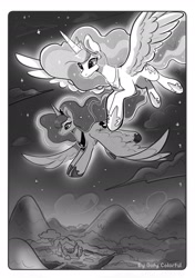 Size: 1535x2185 | Tagged: safe, artist:colorfulcolor233, derpibooru import, princess celestia, princess luna, alicorn, pony, duo, duo female, eyebrows, eyebrows visible through hair, fanfic art, female, flying, mare, monochrome, royal sisters, siblings, signature, sisters, spread wings, wings