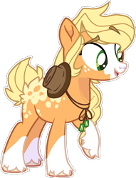 Size: 727x952 | Tagged: safe, artist:rickysocks, derpibooru import, applejack, earth pony, pony, alternate hairstyle, coat markings, dappled, eyebrows, eyebrows visible through hair, facial markings, female, freckles, full body, hat, hooves, mare, open mouth, open smile, outline, raised eyebrow, raised hoof, raised leg, simple background, smiling, socks (coat marking), solo, standing, transparent background, unshorn fetlocks, white outline