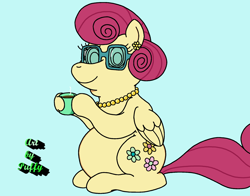 Size: 2134x1677 | Tagged: safe, artist:puffydearlysmith, derpibooru import, posey shy, pegasus, pony, coffee, coffee mug, double chin, fat, female, glasses, jewelry, looking at you, mare, mug, necklace, signature, smiling