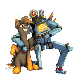 Size: 3000x3042 | Tagged: safe, artist:apuljack, derpibooru import, oc, pegasus, pony, robot, apex legends, commission, crossover, pathfinder