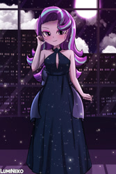 Size: 750x1125 | Tagged: safe, artist:lumineko, derpibooru import, starlight glimmer, equestria girls, adorasexy, bare shoulders, beautiful, black dress, blushing, boob window, city, cityscape, clothes, cute, dress, eyebrows, eyebrows visible through hair, full moon, glimmerbetes, little black dress, looking at you, moon, night, sexy, signature, sleeveless, smiling, smiling at you, solo, window