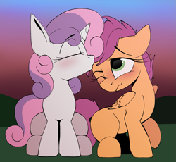 Size: 1967x1809 | Tagged: safe, artist:arume_lux, derpibooru import, scootaloo, sweetie belle, pegasus, pony, unicorn, cute, cutealoo, diasweetes, female, filly, foal, lesbian, scootabelle, shipping, wrong eye color