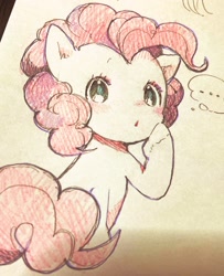 Size: 1660x2048 | Tagged: safe, artist:ku_rimo, derpibooru import, pinkie pie, earth pony, pony, ..., female, looking at you, mare, raised hoof, raised leg, solo, thought bubble, traditional art