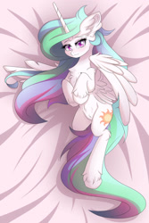 Size: 1280x1921 | Tagged: safe, artist:natanvok, derpibooru import, princess celestia, alicorn, pony, blushing, body pillow, body pillow design, chest fluff, female, looking at you, lying down, mare, on side, smiling, solo, spread wings, wings