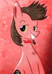 Size: 2480x3508 | Tagged: safe, artist:mrkat7214, derpibooru import, oc, oc only, oc:ace play, earth pony, pony, alternate hairstyle, bowtie, chest fluff, dreamworks face, earth pony oc, facial hair, goatee, grin, high res, looking at you, male, signature, sitting, smiling, smiling at you, solo, stallion