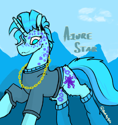 Size: 2480x2621 | Tagged: safe, artist:hrabiadeblacksky, derpibooru import, oc, oc:azure star, unicorn, background blue, blue eyes, chains, female, gold, mare, solo