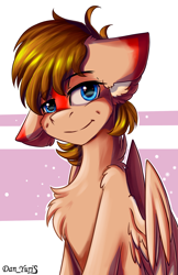 Size: 1592x2452 | Tagged: safe, artist:yuris, derpibooru import, oc, oc only, pegasus, pony, abstract background, blue eyes, brown mane, cute, dimples, male, smiling, solo