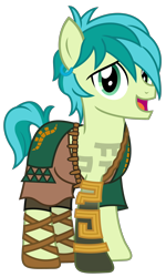 Size: 1500x2497 | Tagged: safe, alternate version, artist:sketchmcreations, derpibooru import, sandbar, earth pony, pony, bracelet, clothes, corrupted, jewelry, link, male, open mouth, sandals, simple background, smiling, teenager, the legend of zelda, the legend of zelda: breath of the wild, toga, transparent background, tunic, vector