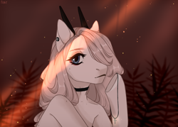 Size: 1568x1125 | Tagged: safe, artist:lissfoxz, derpibooru import, oc, oc only, pony, bust, choker, ear piercing, eyelashes, female, forest, horns, mare, outdoors, piercing, solo