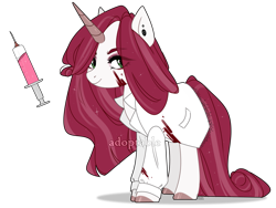 Size: 1773x1332 | Tagged: safe, artist:lissfoxz, derpibooru import, oc, oc only, pony, unicorn, blood, clothes, ear piercing, eyelashes, female, horn, lab coat, levitation, magic, mare, needle, nurse, piercing, simple background, smiling, solo, telekinesis, transparent background, unicorn oc