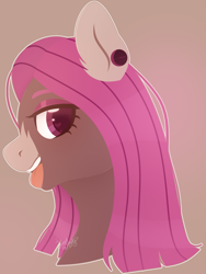 Size: 1359x1806 | Tagged: safe, artist:77jessieponygames77, derpibooru import, oc, oc only, earth pony, pony, bust, ear fluff, ear piercing, ears, earth pony oc, eyelashes, female, mare, open mouth, piercing, simple background, smiling, solo
