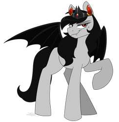 Size: 1920x1967 | Tagged: safe, artist:2k.bugbytes, oc, oc only, bat pony, pony, undead, vampire, commission, crown, fangs, female, jewelry, mare, raised hoof, raised leg, regalia, signature, simple background, solo, spread wings, transparent background, wings