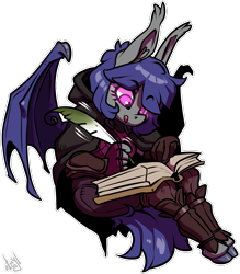 Size: 875x1000 | Tagged: safe, artist:atryl, derpibooru import, oc, oc only, oc:dusk rhine, anthro, bat pony, unguligrade anthro, book, clothes, cute, female, journal, leather armor, rule 63, simple background, solo, transparent background