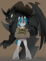 Size: 768x1024 | Tagged: safe, artist:anoraknr, derpibooru import, pony of shadows, stygian, anthro, unicorn, clothes, colored hooves, duo, jacket, male, simple background, venom