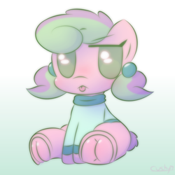 Size: 2000x2000 | Tagged: safe, artist:cushyhoof, derpibooru import, oc, oc:yedna letelier, earth pony, pony, :p, blank flank, clothes, cute, drawn on phone, female, frog (hoof), gradient background, high res, hooves, mare, short tail, sitting, solo, sweater, tail, tongue, tongue out, unamused, underhoof