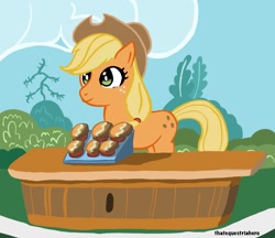 Size: 1335x1152 | Tagged: safe, artist:thatequestriahero, derpibooru import, applejack, earth pony, pony, cupcake, food, illustration, solo