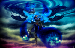 Size: 6000x3873 | Tagged: safe, artist:mauroz, derpibooru import, princess luna, human, absurd file size, absurd resolution, anime, breasts, clothes, dark skin, eyebrows, eyebrows visible through hair, floating wings, four wings, gloves, humanized, multiple wings, rain, signature, skull, solo, spread wings, winged humanization, wings