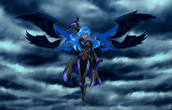 Size: 6000x3873 | Tagged: safe, alternate version, artist:mauroz, derpibooru import, princess luna, human, absurd resolution, anime, breasts, clothes, dark skin, eyebrows, eyebrows visible through hair, female, floating wings, four wings, gloves, humanized, multiple wings, signature, solo, spread wings, winged humanization, wings