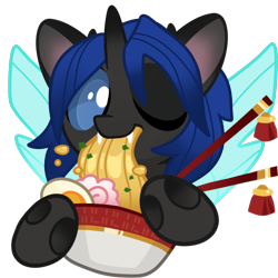 Size: 2000x2000 | Tagged: safe, artist:kez, derpibooru import, oc, oc only, oc:swift dawn, changeling, blue changeling, bowl, changeling oc, chopsticks, commission, cute, dexterous hooves, fangs, food, high res, horn, noodles, one eye closed, ramen, simple background, solo, transparent background, wings, wink, ych result