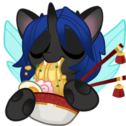 Size: 2000x2000 | Tagged: safe, artist:kez, derpibooru import, oc, oc only, oc:swift dawn, changeling, blue changeling, bowl, changeling oc, chopsticks, commission, cute, dexterous hooves, eyes closed, fangs, food, high res, horn, noodles, ramen, simple background, solo, transparent background, wings, ych result