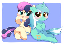 Size: 2676x1909 | Tagged: safe, artist:leo19969525, derpibooru import, bon bon, lyra heartstrings, sweetie drops, pony, unicorn, blushing, female, happy, lesbian, looking at each other, looking at someone, lyrabon, open mouth, open smile, shipping, simple background, sitting, smiling, talking