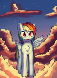 Size: 1688x2320 | Tagged: safe, artist:alexander56910, derpibooru import, rainbow dash, pegasus, pony, chest fluff, cloud, happy, raised eyebrow, remake, sky, solo, spread wings, wings