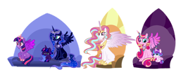 Size: 1280x512 | Tagged: safe, artist:itsvoids, derpibooru import, princess cadance, princess celestia, princess flurry heart, princess luna, twilight sparkle, twilight sparkle (alicorn), oc, oc:twilight eventide, alicorn, pony, alternate design, baby, baby pony, beard, brown, ear piercing, earring, facial hair, female, filly, foal, horn, horn jewelry, jewelry, lesbian, magical lesbian spawn, mare, missing cutie mark, necklace, offspring, parent:princess luna, parent:twilight sparkle, parents:twiluna, piercing, shipping, simple background, transparent background, twiluna