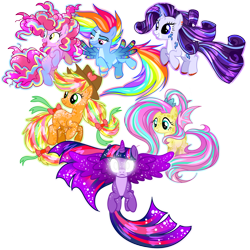 Size: 1280x1280 | Tagged: safe, artist:itsvoids, derpibooru import, applejack, fluttershy, pinkie pie, rainbow dash, rarity, twilight sparkle, twilight sparkle (alicorn), alicorn, earth pony, pegasus, pony, unicorn, alternate design, bat wings, bow, colored hooves, cowboy hat, ear piercing, earring, female, glowing, glowing eyes, hat, jewelry, mane six, mare, piercing, rainbow power, simple background, spread wings, tail, tail bow, transparent background, wings