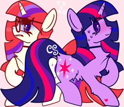 Size: 645x556 | Tagged: safe, artist:computershits, derpibooru import, moondancer, twilight sparkle, unicorn twilight, pony, unicorn, belly fluff, chest fluff, colored pupils, duo, duo female, female, frown, grimace, grin, hooves, horn, looking at each other, looking at someone, mare, mirrored, nervous, nervous grin, palindrome get, pink background, raised hoof, raised leg, simple background, smiling, sweat, tail