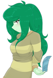 Size: 1539x2245 | Tagged: safe, artist:batipin, derpibooru import, wallflower blush, equestria girls, arm behind back, breasts, busty wallflower blush, hair over one eye, looking at you, simple background, solo, ticket, transparent background