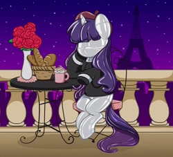 Size: 3200x2900 | Tagged: safe, alternate version, artist:kittyrosie, edit, editor:anonymous, ponerpics import, rarity, inflatable pony, pony, unicorn, beatnik rarity, beret, clothes, digital art, eiffel tower, female, france, hat, inflatable, latex, mare, needs more jpeg, no face, paris, pool toy, sitting, solo, sweater