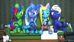 Size: 1920x1080 | Tagged: safe, artist:christian69229, derpibooru import, oc, oc only, oc:christian clefnote, oc:cuteamena, oc:electric blue, oc:lulu star moonie, alicorn, earth pony, pegasus, pony, unicorn, 3d, :p, alicorn oc, bow, clothes, commission, controller, couple, double date, earth pony oc, electricute, female, horn, leg warmers, male, mare, nintendo switch, not luna, pegasus oc, pillow, portal, shipping, skirt, smiling, socks, source filmmaker, stallion, striped socks, tongue, tongue out, unicorn oc, wings, your character here