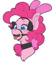 Size: 1430x1700 | Tagged: safe, artist:taytinabelle, edit, editor:anonymous, ponerpics import, earth pony, pony, animal costume, bit gag, blinders, bridle, bunny costume, bunny ears, bust, choker, clothes, collar, costume, cute, ear fluff, ears, female, gag, happy, latex, mare, simple background, smiling, solo, tack, tongue, tongue out, transparent background
