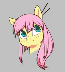 Size: 568x624 | Tagged: safe, ponerpics import, fluttershy, pegasus, pony, aggie.io, alternate hairstyle, female, gray background, looking up, mare, simple background, smiling, solo