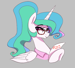 Size: 463x423 | Tagged: safe, artist:thebatfang, ponerpics import, princess celestia, alicorn, pony, aggie.io, alternate hairstyle, clothes, female, glasses, looking back, mare, paper, simple background, smiling