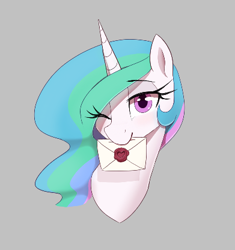 Size: 391x416 | Tagged: safe, artist:thebatfang, ponerpics import, princess celestia, alicorn, pony, aggie.io, cute, cutelestia, eye clipping through hair, female, gray background, letter, looking at you, mare, mouth hold, one eye closed, simple background, smiling, wink, winking at you